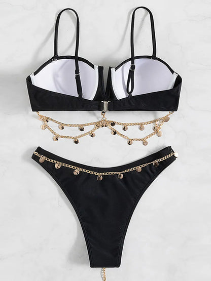 Sexy Chain Linked V Wire Push Up Bikinis Women Solid Swimsuit Thong Bathing Swimming Suit