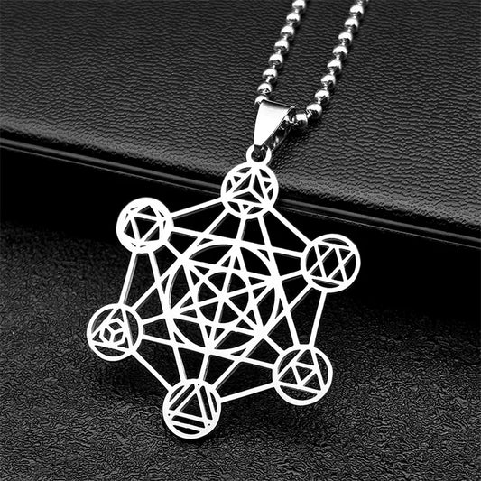 Large Archangel Metatron Flower of Life Stainless Steel Silver Color Chain Necklace