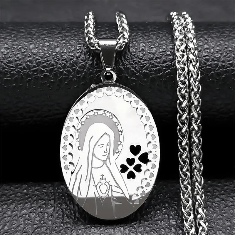 Women Men Gold Color Double Layer Stainless Steel Virgin Mary Medal Long Chain Pendant Necklace