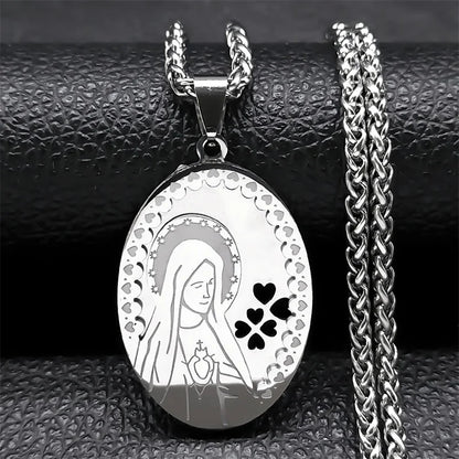 Women Men Gold Color Double Layer Stainless Steel Virgin Mary Medal Long Chain Pendant Necklace