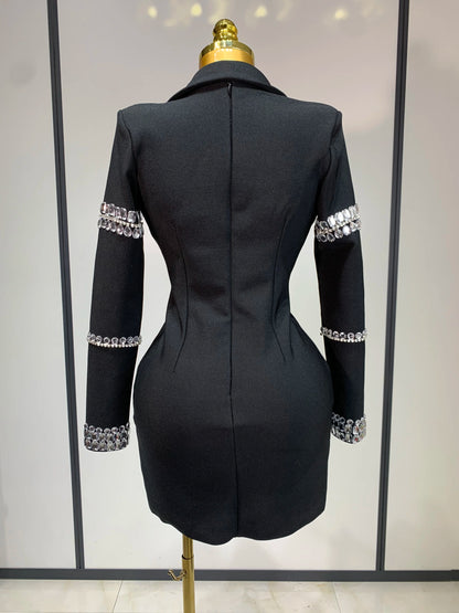 Sexy Long Sleeve V Neck Beading Rhinestone Mini Bandage Celebrity Evening Party Birthday Dress