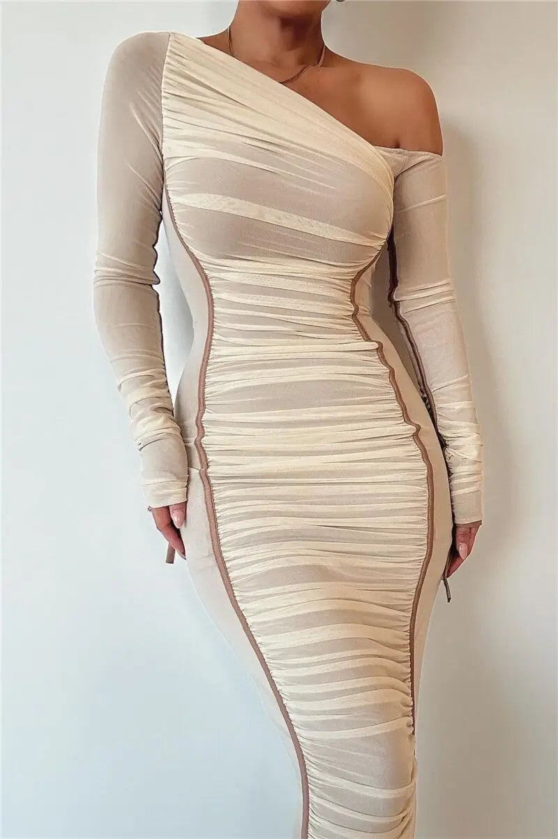 Sexy Diagonal Collar Long Sleeve Midi Two Layer Mesh Backless Ruched Bodycon Club Party Maxi Dress