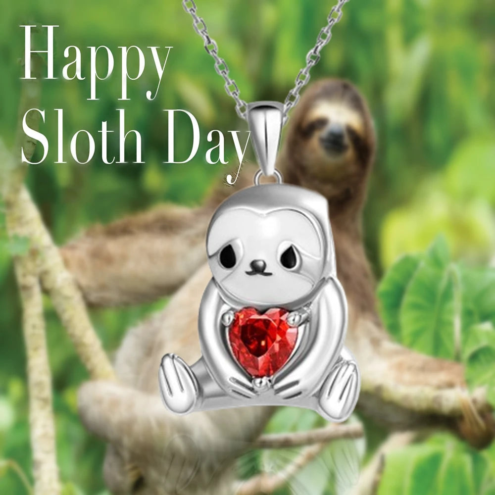 Women Sparkling Red Crystal Animal Cartoon Sloth Pendant Necklace