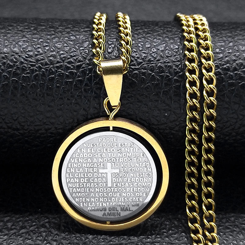 Stainless Steel Spanish Religious Christian Bible Lords Prayer Cross Pendant Necklace