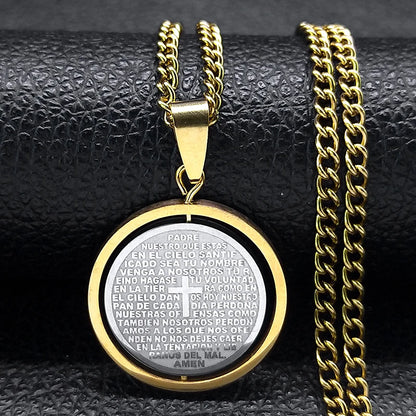 Stainless Steel Spanish Religious Christian Bible Lords Prayer Cross Pendant Necklace