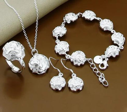 4pcs Women 925 Sterling Silver Rose Flower Wedding Engagement Necklace Bracelet Earring Ring Sets