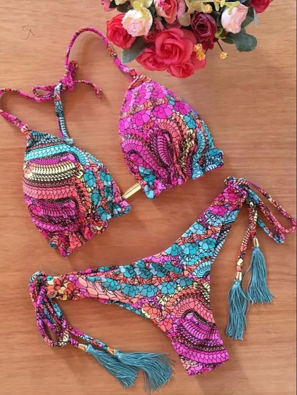 Sexy Micro Feather Print Bandage Swimwear Bathing Brazilian Bikini Suit