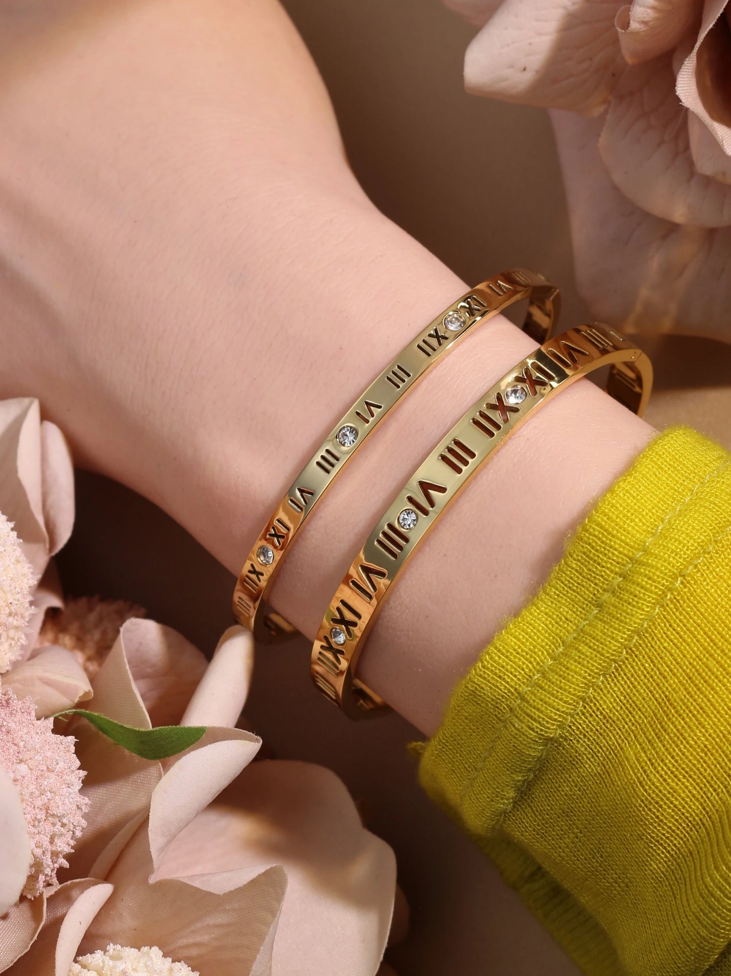 Stainless Steel 18K gold plated Roman Numeral Bracelet Bangles Ring 2-in-1 Jewelry