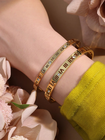 Stainless Steel 18K gold plated Roman Numeral Bracelet Bangles Ring 2-in-1 Jewelry