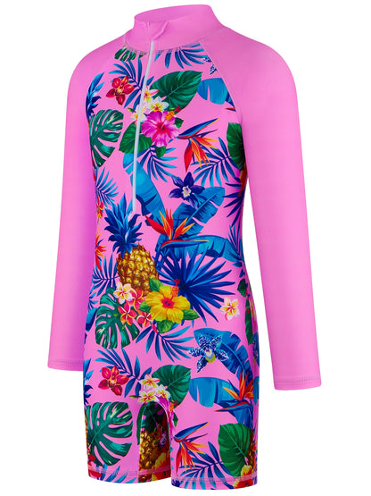 One-Piece Kids Girl Long-Sleeved Pink Plants Print Zipper Boyleg Shorts Swimming Swim Romper