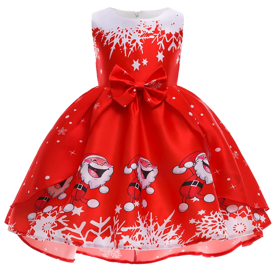 Kids Girls Princess Cartoon Santa Claus Snowflake Costume Xmas Party Print Dress