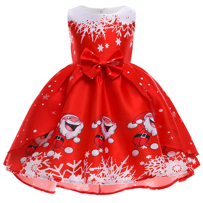 Kids Girls Princess Cartoon Santa Claus Snowflake Costume Xmas Party Print Dress