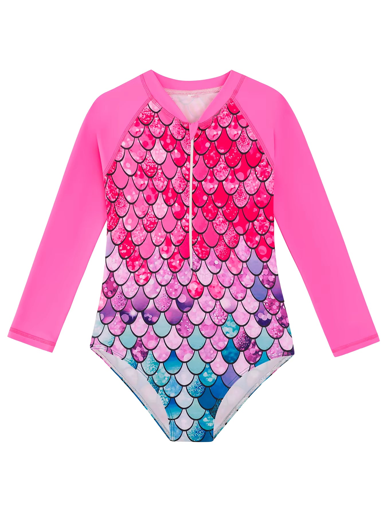 Kids Girls One-Piece Long Sleeve Scale Print Beach Rose Pink Bikini-Cut Bottom Swimwear