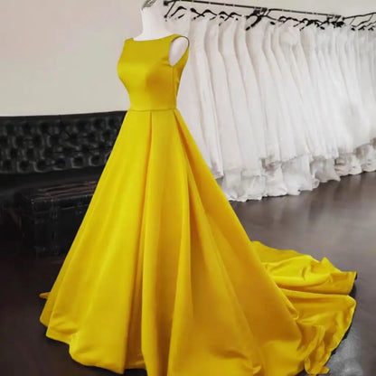 Women's Scoop Neck Sweep Train Prom Backless A-line Satin Long Formal Evening Party Dress w/ Pockets