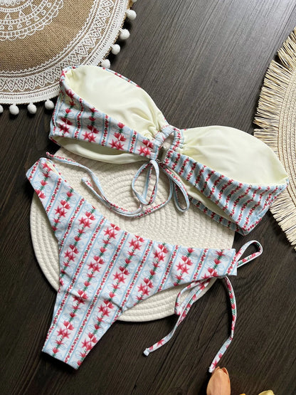 Women's Swimsuit Two-piece Print Beaded Bikini Swimwear Triangle Bathing Brazilian Suit
