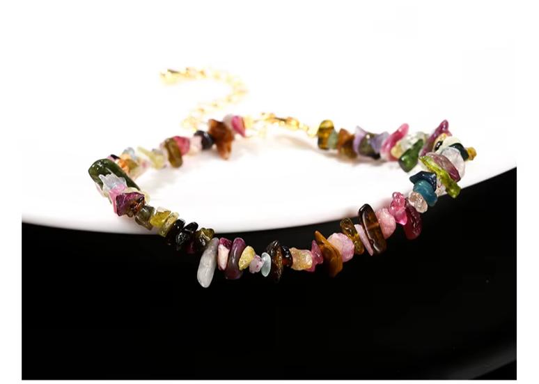 Women Adjustable Chip Natural Stone Mixed Tourmaline Gravel Lucky Chain Bracelet