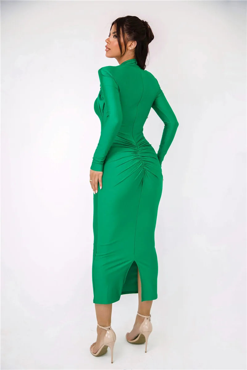 Women Elegant Hollow Out Long Sleeve Maxi  Metal Buckle Ruched Slit Long Dress