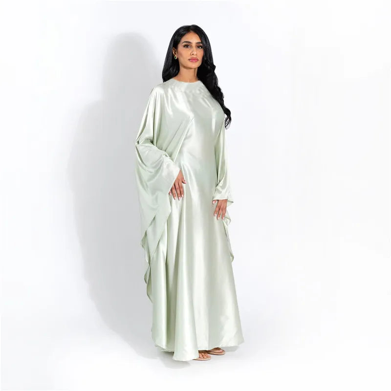 Women Satin Cloak Long Sleeve Loose Kaftan Fashion O Neck Long Dress