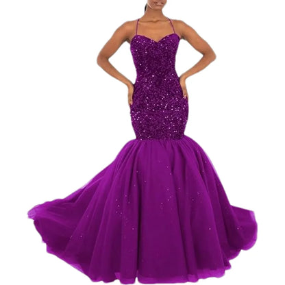 Sparkly Sequin Prom Women Long Tulle Halter Ball Gown Sleeveless Mermaid Formal Evening Party Dress