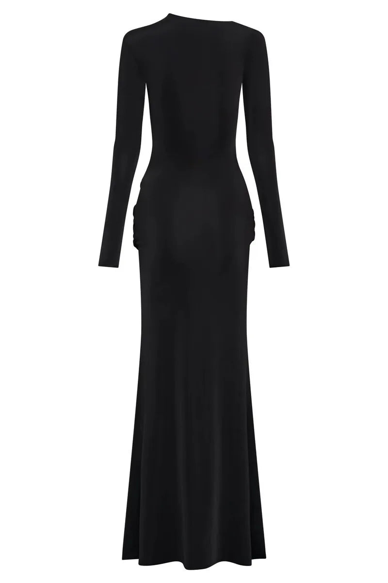 Women Diagonal Collar Long Sleeve Maxi Solid High Waist Ruched Bodycon Long Dress