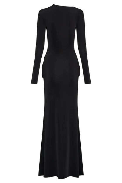 Women Diagonal Collar Long Sleeve Maxi Solid High Waist Ruched Bodycon Long Dress