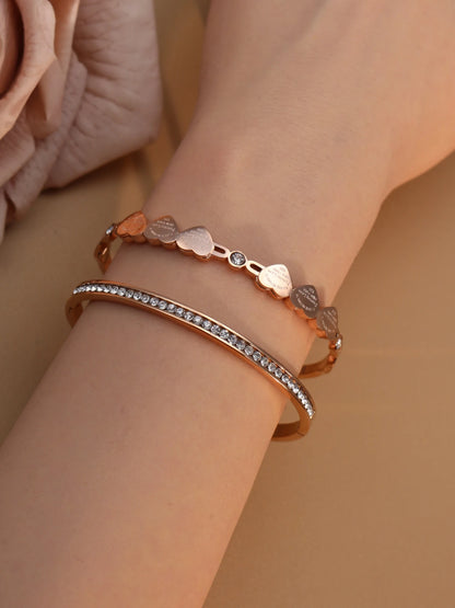 Delicate Stainless Steel Gold Color Peach Heart Crystal Design Charm Bangle Bracelet