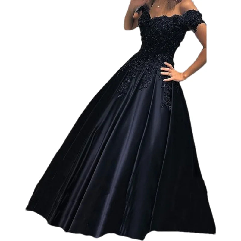 Women A-Line Long Off The Shoulder Satin Formal Gowns Sequin Lace Appliques Corset Prom Evening Dress w/ Pockets