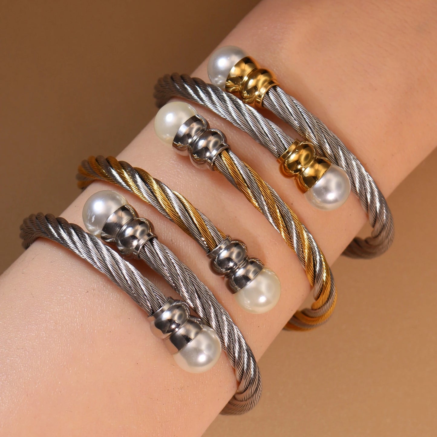 Women Fashionable Double Heart Stainless Steel Pearl Adjustable Bracelet Bangle
