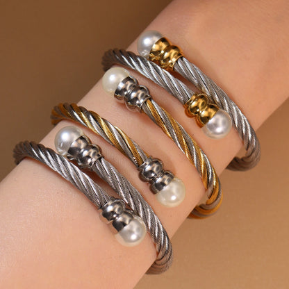 Women Fashionable Double Heart Stainless Steel Pearl Adjustable Bracelet Bangle