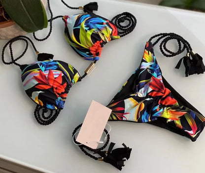 Women Low Waist Two Pieces Botanical-Print Braided Rope Bikini Swimsuit Beachwear Bathing Swimwear