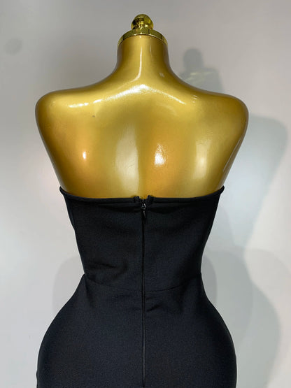 Sexy Strapless 3D Flowers Diamond Black Midi Bandage Elegant Evening Party Night Birthday Dress