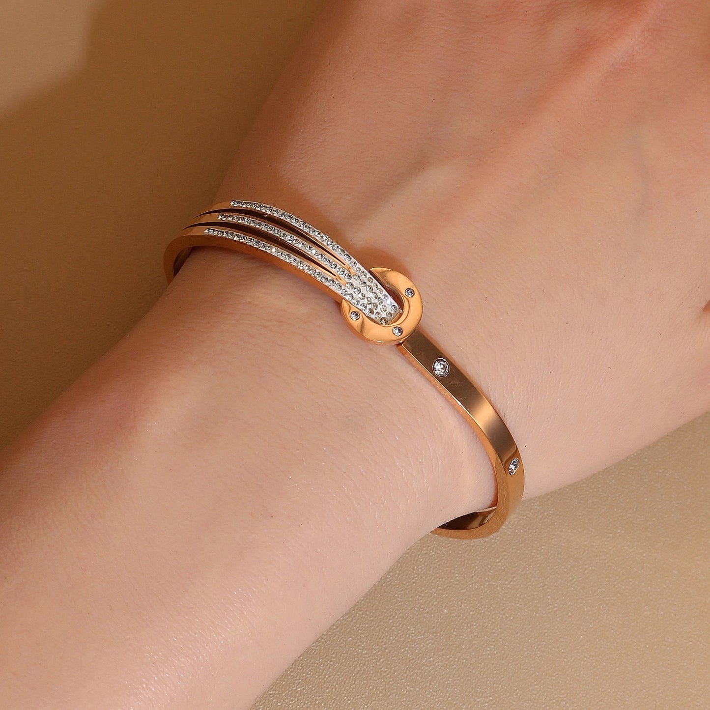 Women 18k Gold Plated Crystal Hollow Open Stainless Steel Bracelet