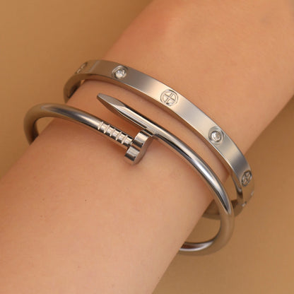 Women Heart Shaped Zircon Stainless Steel Gold Color 2-in-1 Bangles Bracelet Jewelry
