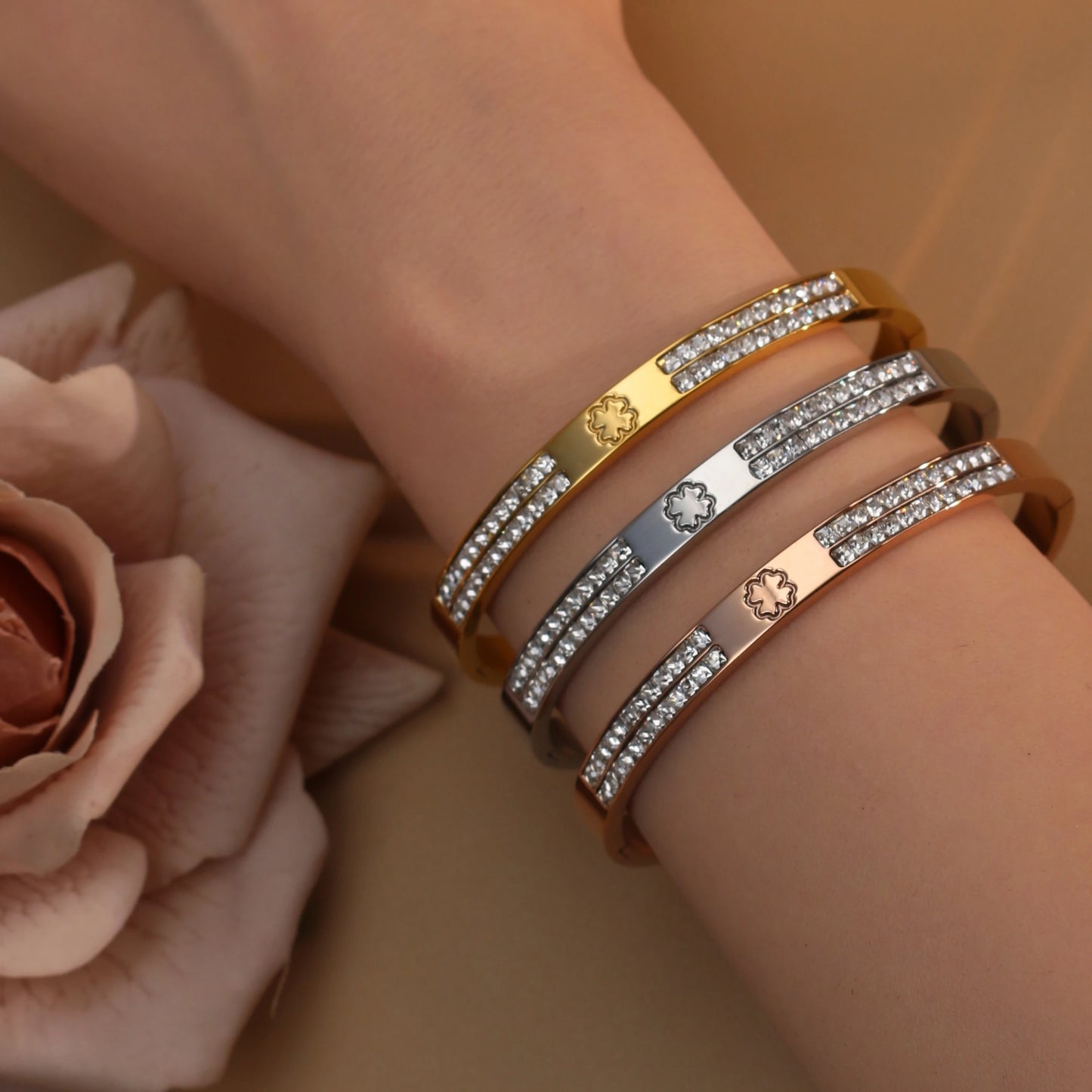 18K Gold-Plated Cross Screwdriver Stainless Steel Zircon Bangle Bracelet Women's Jewelry