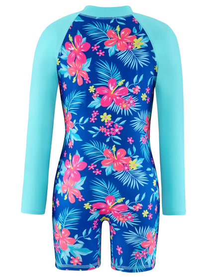 Girls Kids One-Piece Long Sleeve Plants Print Beach Swimwear Boyleg Shorts Swimsuit