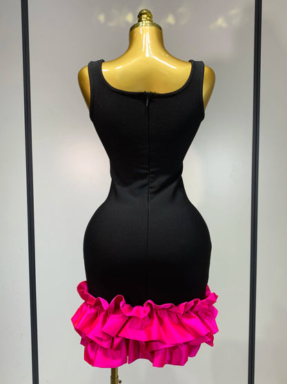 Women Spaghetti Strap Bodycon Short Black Pleated Ruffle Hem Sleeveless Evening Party Cocktail Birthday Dress