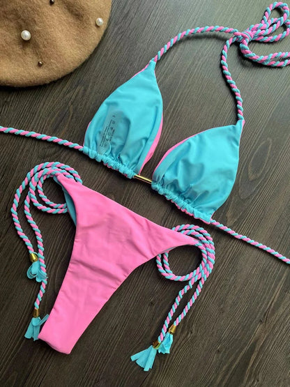 Sexy Beach Women's Swimsuit Braiding Rope Bikini Two-piece Triangle Swimwear Bathing Brazilian Suit