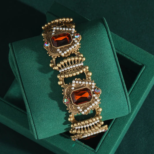 Vintage Rhinestones Red Crystal Women Gold Color Crown Antique Bracelet