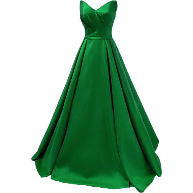 Women Strapless Simple Satin A Line Evening Party Formal Gown Corset Pleat Sweetheart Long Prom Dress w/Pocket