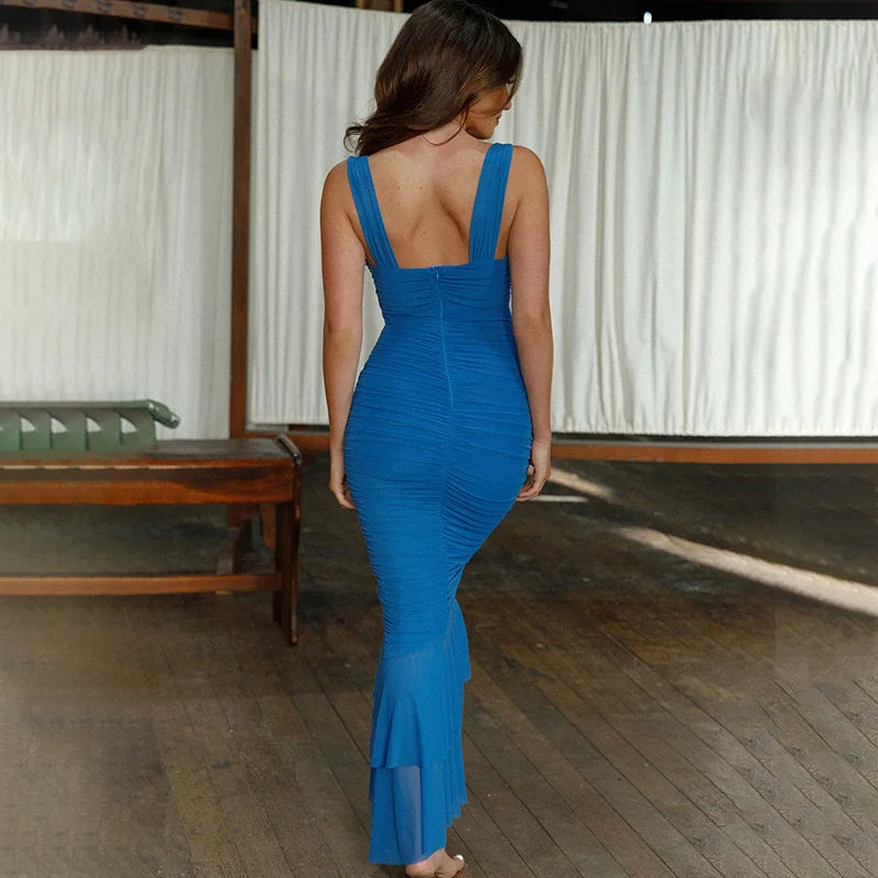 Women Hollow Out Backless Ruched Maxi Mesh Elegant Spaghetti Strap Sleeveless Bodycon Party Long Dress