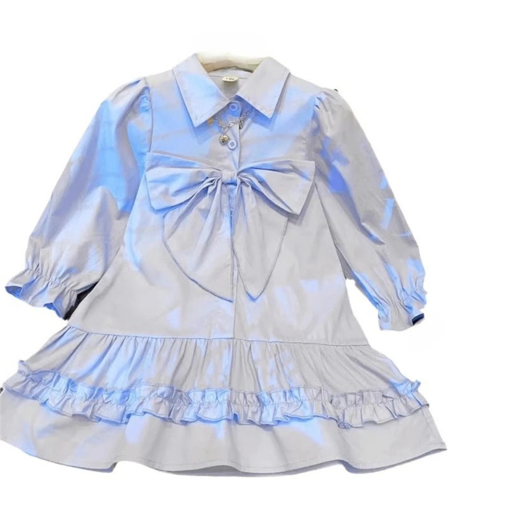 Girls Plain Kids Lapel Bow Long Sleeved Princess Birthday Party Shirt Dress