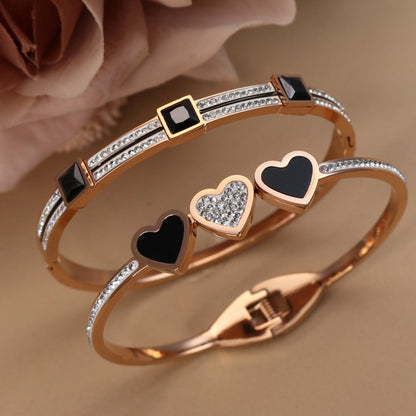 Stainless Steel Double Row Crystals Heart-Shaped Designs Open Clasp Charm Bangle Bracelet