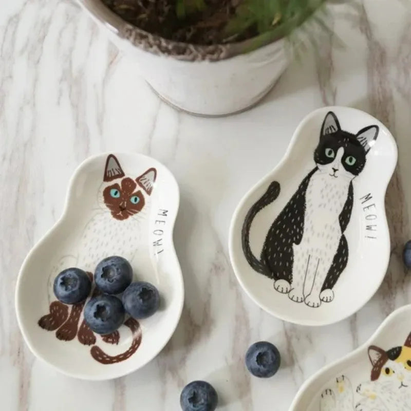 Ceramic Japanese Tableware Cat Kitten Soy Sauce Dish Dipping Saucer Plates