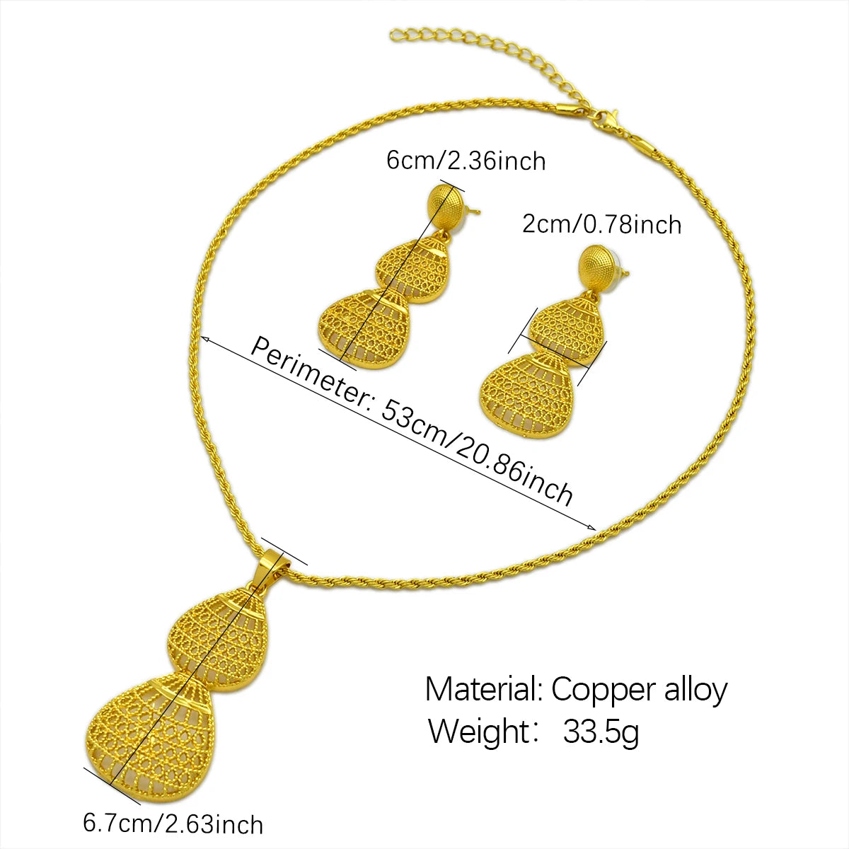 African 24K Gold Plated Women Droplet Dubai Indian Bridal Wedding Party Necklace Earrings Jewelry Set