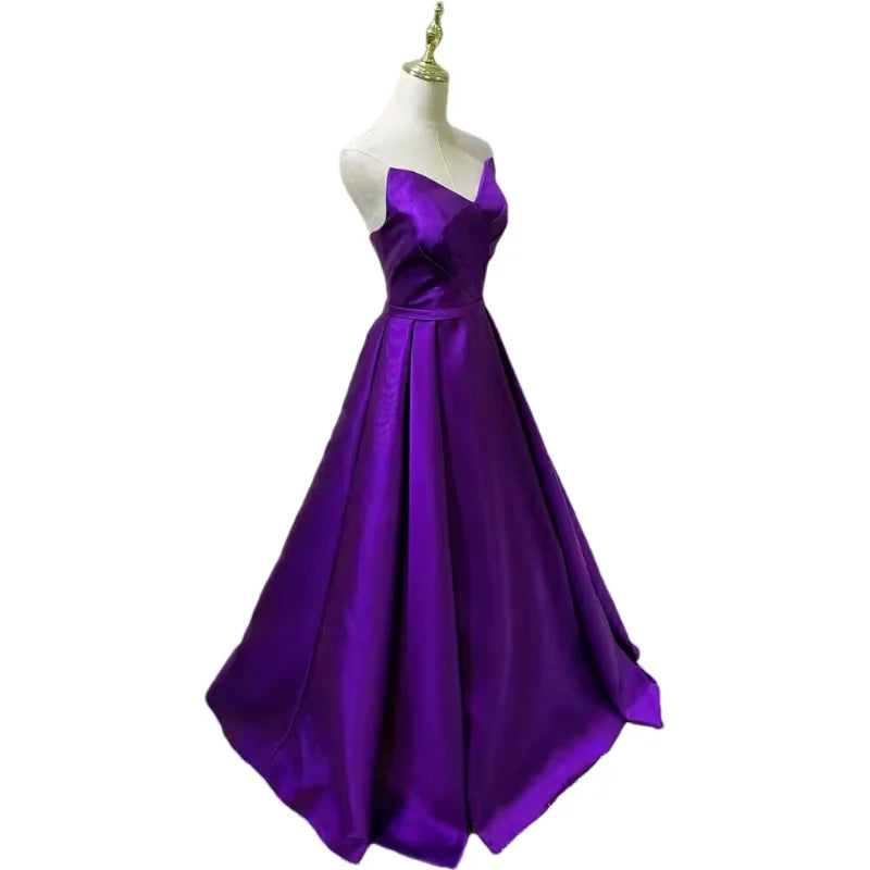 Women Strapless Simple Satin A Line Evening Party Formal Gown Corset Pleat Sweetheart Long Prom Dress w/Pocket