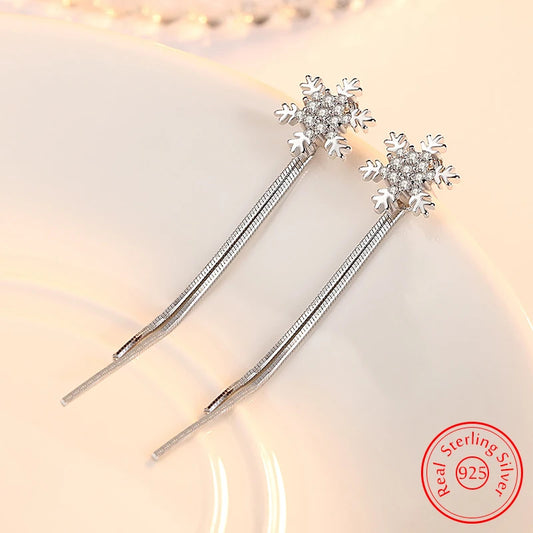 925 Sterling Silver Women Bridal Wedding Crystal Long Chain Zircon Snowflake Drop Earrings