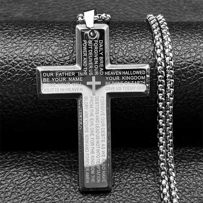 Men Stainless Steel Gold Color Bible Amulet Cross Christian Church Prayer Necklace