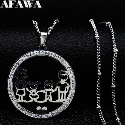 Family Boy Gril Stainless Steel Silver Color Crystal Necklace