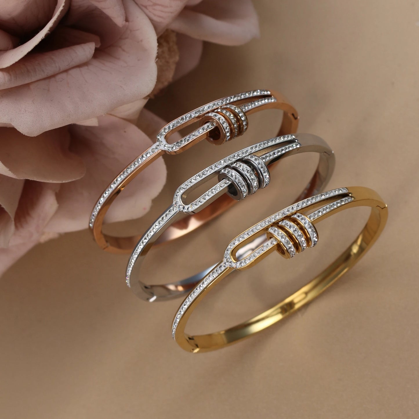 Delicate Crystal Cutout Knot Stainless Steel Gold Color Women's Charm Bracelet