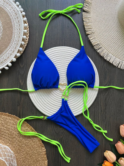Solid Color Bikini Low Waist Lace-up Fashionable Swimsuit Two-piece Suit